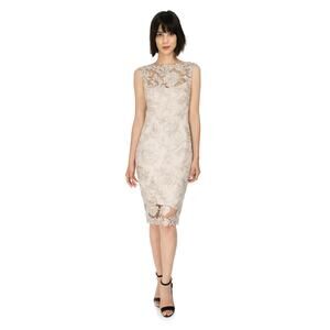 Tadashi Shoji Chloe Embroidered Lace Tulle Illusion Boat Neck Gold Dress 10